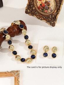 Set de 3 bucăți/set de bijuterii din cristal, cu model de val rotund, bleumarin - cercei și colier pentru femei