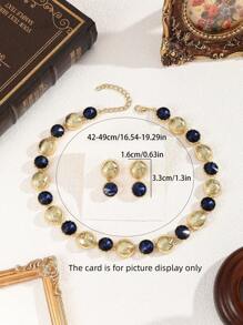 Set de 3 bucăți/set de bijuterii din cristal, cu model de val rotund, bleumarin - cercei și colier pentru femei