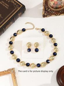 Set de 3 bucăți/set de bijuterii din cristal, cu model de val rotund, bleumarin - cercei și colier pentru femei