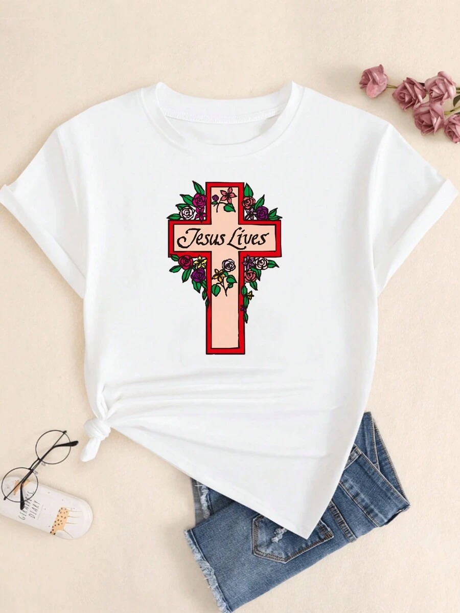 Women's Cotton Blouse T-Shirt Floral Style Art Nature Premium Comfort Breathable T-Shirt - trắng - Xem 1