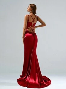 Missord Váy dạ hội đuôi cá bằng vải satin buộc dây phía sau Váy dự tiệc Váy cưới Váy trang trọng Váy dạ hội, Váy dạ hội - Màu Đỏ Sâu - Xem 2