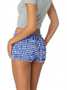 Women Ruffle Plaid Shorts Cute Pettipants Low Waist Ruched Short Pants - Light Blue - View 2