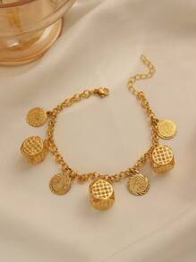 1pc Vintage Copper Alloy Gold-Plated Hollow Square Coin Pendant Necklace Chain Bracelet Set, Suitable For Women Everyday Wear And Gifts, Exclude Gift Box Shown In Image - Yellow Gold - View 2