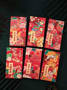 6 piezas - Sobre rojo de Año Nuevo chino, sobre rojo de dinero de la suerte de Año Nuevo chino, sobre rojo de efectivo de Año Nuevo chino con patrón grabado, sobre rojo de Año Nuevo chino con sello de oro caliente de mil dólares - Multicolor - Ver 3