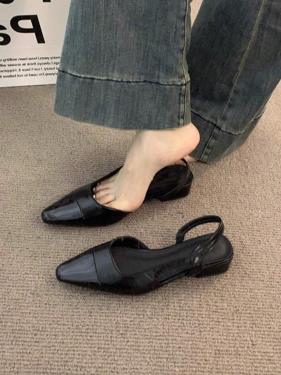 Giày sandal đế thấp mũi kín mới cho nữ, màu nude kiểu Pháp, gót nhọn, giày lười thoáng khí, da PU màu đen, mùa xuân/hè/thu - màu đen - Xem 1