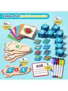 1 套/142 件木制 CVC 单词游戏，双面书写和拼写抽认卡，带储物袋，幼儿园家庭学校用品，字母拼图蒙特梭利教育玩具，适合 3 岁以上儿童，蒙特梭利教育玩具礼物 - 彩色 - 查看 10