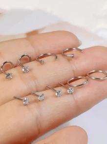 10pcs/Set Cubic Zirconia Stainless Steel Nose Rings & Studs, Shiny Fashion Nose Piercing Jewelry For Men & Women
