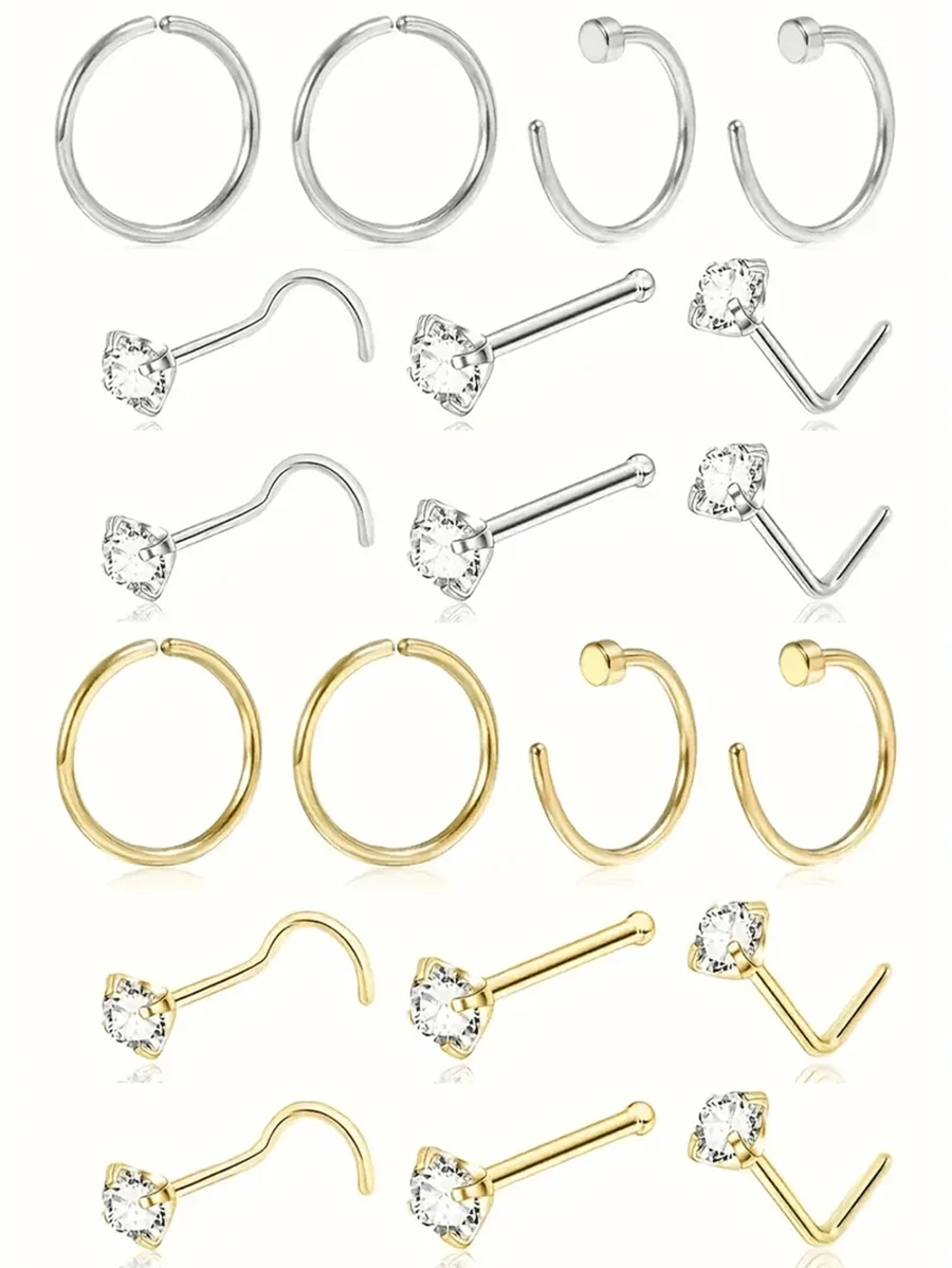 10pcs/Set Cubic Zirconia Stainless Steel Nose Rings & Studs, Shiny Fashion Nose Piercing Jewelry For Men & Women