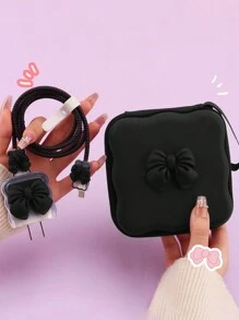 Cute Bow Candy Color Data Cable Protective Cover Data Cable Storage Protection Bag Data Cable Earphone Charger Digital Accessories Storage Box Anti-Fall Zipper Bag 6 Pieces Set Compatible With IPhone20W Fast Charging Head