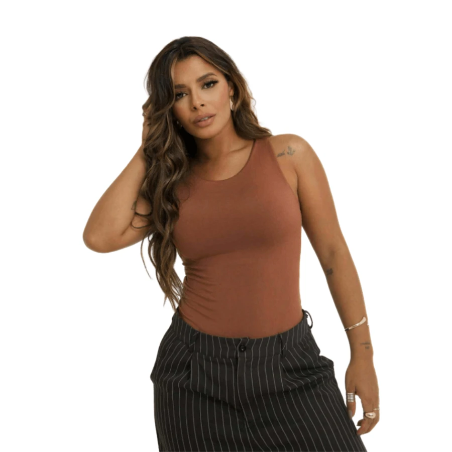 Women's Plus Size Plain Suplex Basic Tank Top Bodysuit - 鏽棕色 - 查看 1