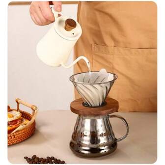 304 Stainless Steel Wood Handle Pour Over Coffee Pot, Home Use Long Spout Coffee Dripper Pot, Can Insert Thermometer, White
