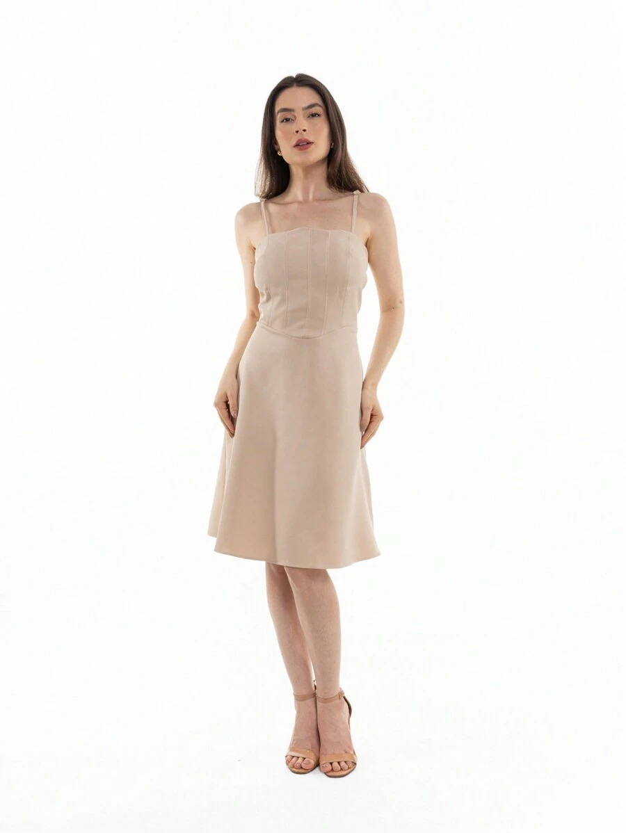 REGULAR STRAP DRESS WITH PADS - بيج - مشاهدة 1