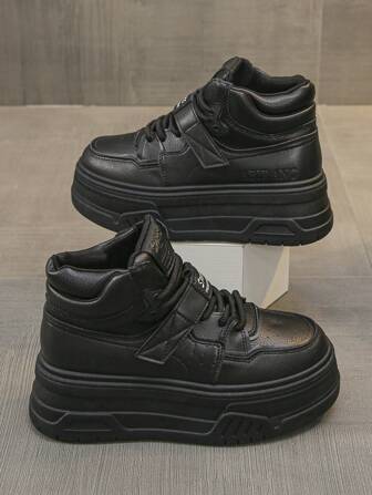 女士厚底运动鞋，防滑舒适时尚百搭系带钩环高帮休闲鞋