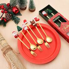 طقم ملعقة عيد الميلاد من الفولاذ المقاوم للصدأ 6 قطع، طقم ملعقتي وشوكة عيد ميلاد بتصميم طبق الحلوى