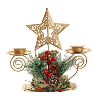 1 Pc Festival Double Stand Holder Golden Iron Candlestick With Pinecones Berries For Gatherings Centerpieces Best Gifts