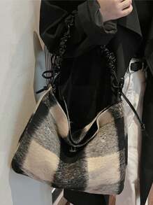 2025 New Large Capacity Tote Bag Versatile Plaid Shoulder Commuter Tote Bag - Black - View 4