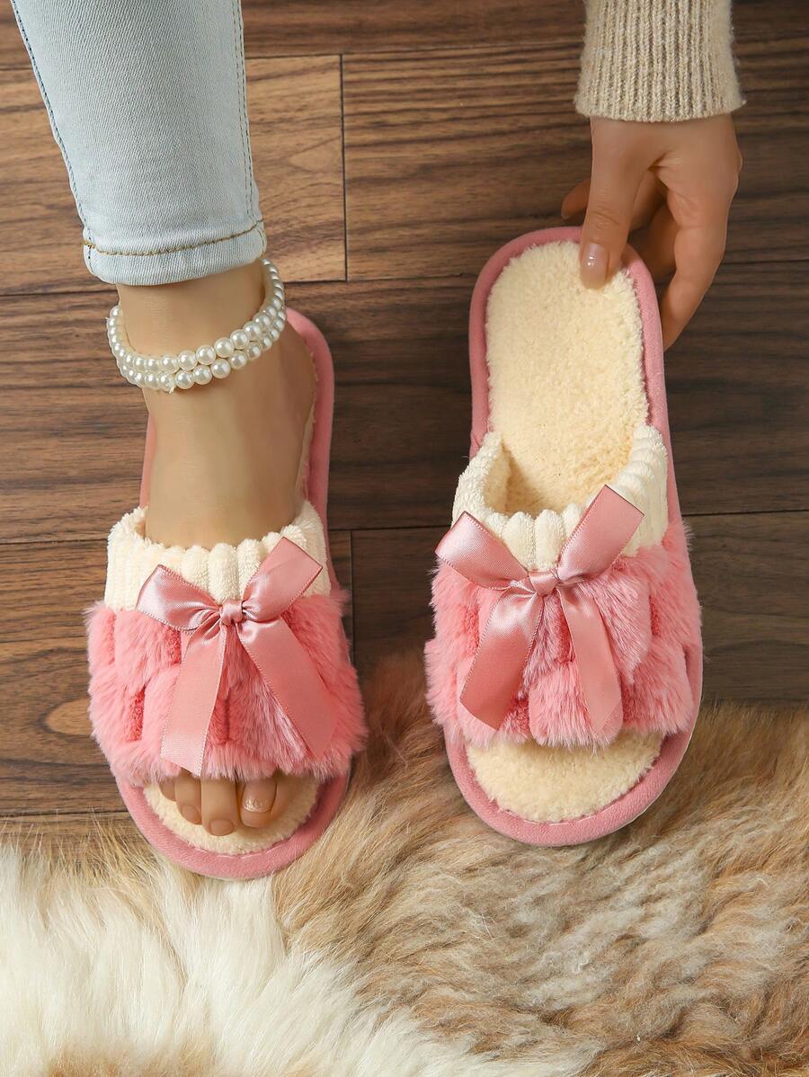 Women's Fashion Bow Decor Slide Slippers, Comfortable Casual House Slide Sandals. Women Fluffy Bow Slippers With Soft Sole, Open Toe, Comfy Indoor Shoes With EVA Outsole - Hot Pink - View 1