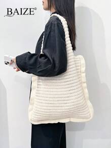 ENBEI 大容量鉤針編織沙灘包 時尚女款手提包，適合大學生與上班族女性，多功能通勤包，復活節與聖誕禮物，夏季沙灘包，女款鉤針編織包，沙灘必備包，完美搭配鉤針套組、沙灘用品、沙灘裝備與夏季必需品 - 米色 - 查看 7