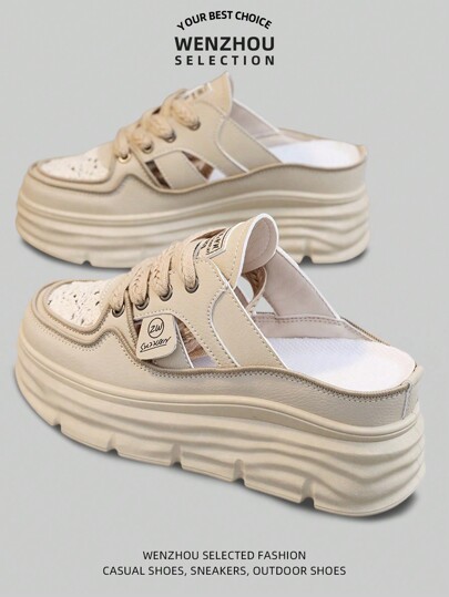 Zapatos de plataforma transpirables para mujer 2025 Sandalias casuales de verano con corte hueco, suela gruesa y tela de punto de talla grande, calzado de moda para dama