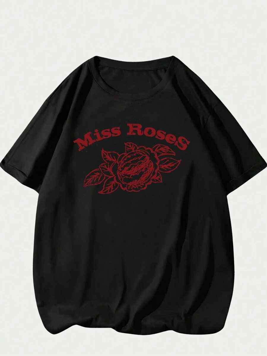 T-Shirt Cotton T-Shirt Floral Style Art Nature Elegant Summer Comfort Soft Printed - màu đen - Xem 1