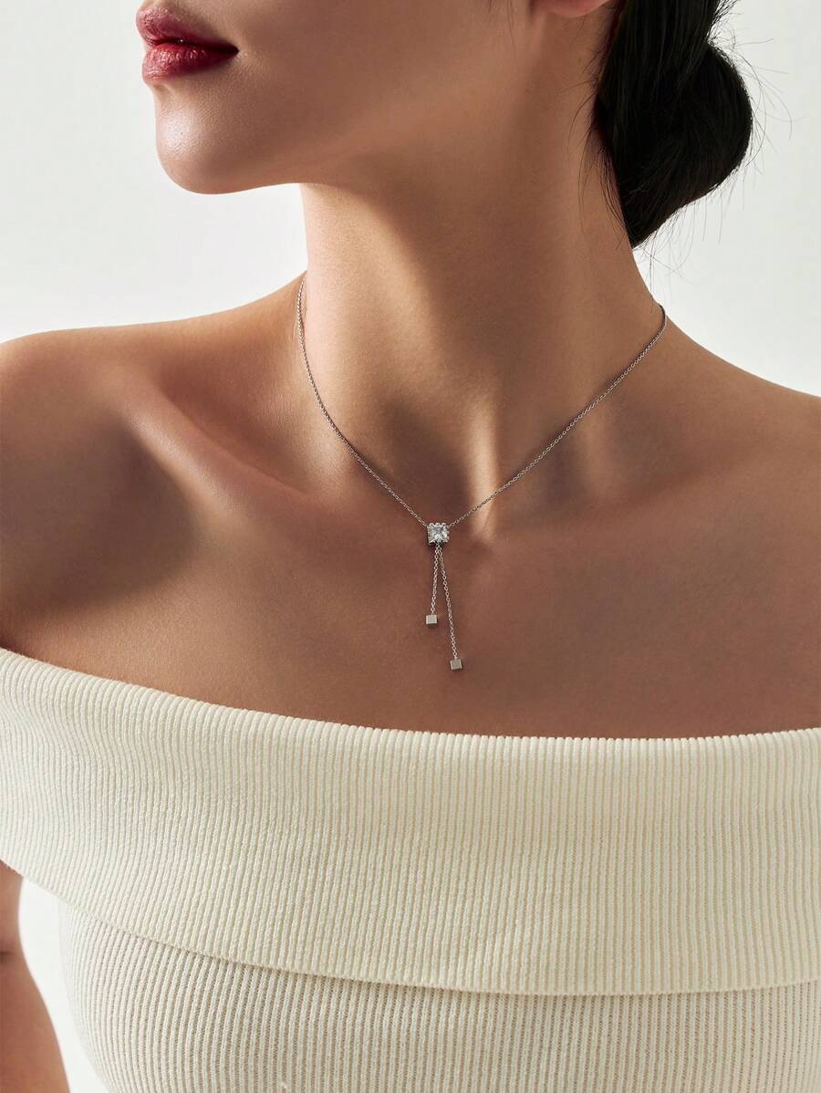 1 chiếc vòng cổ tua rua hình khối lập phương/ong/trái tim/bướm/trái tim thời trang đơn giản, đa năng để đeo hàng ngày, thích hợp làm quà tặng - Bạc - Xem 1