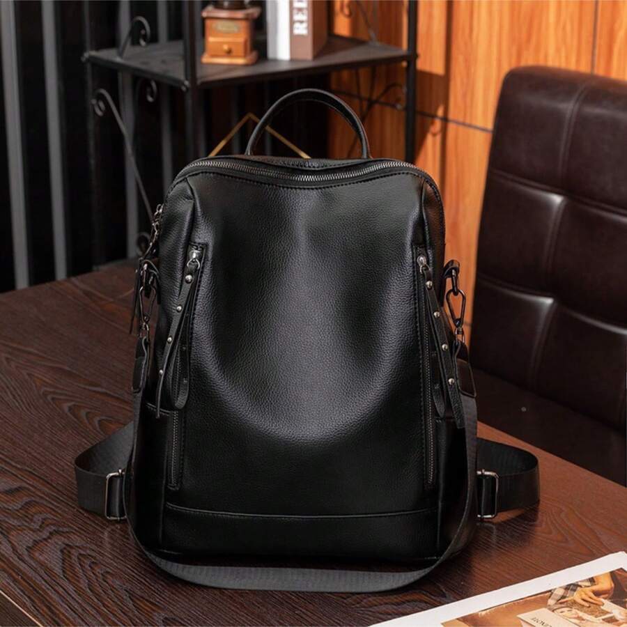 High Quality PU Leather Women's Backpack Medium Spacious With Shoulder Strap 608 - màu đen - Xem 1