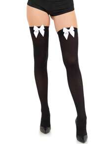 1 par de meias sensuais com laço na coxa, meias pretas e brancas com decoração de laço, meias versáteis da moda para mulheres, adequadas para decorações de festa de Natal, apresentações de palco, cosplay, eventos e festas