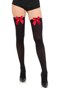 1 par de meias sensuais com laço na coxa, meias pretas e brancas com decoração de laço, meias versáteis da moda para mulheres, adequadas para decorações de festa de Natal, apresentações de palco, cosplay, eventos e festas