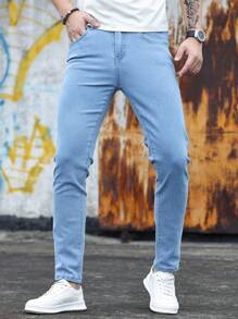 2 Packs Men's Blue Stretch Skinny Jeans Slim Long Casual Pants Washed Light Blue Jeans Solid Color Casual Street Style Fashion Versatile - Multicolor - View 5