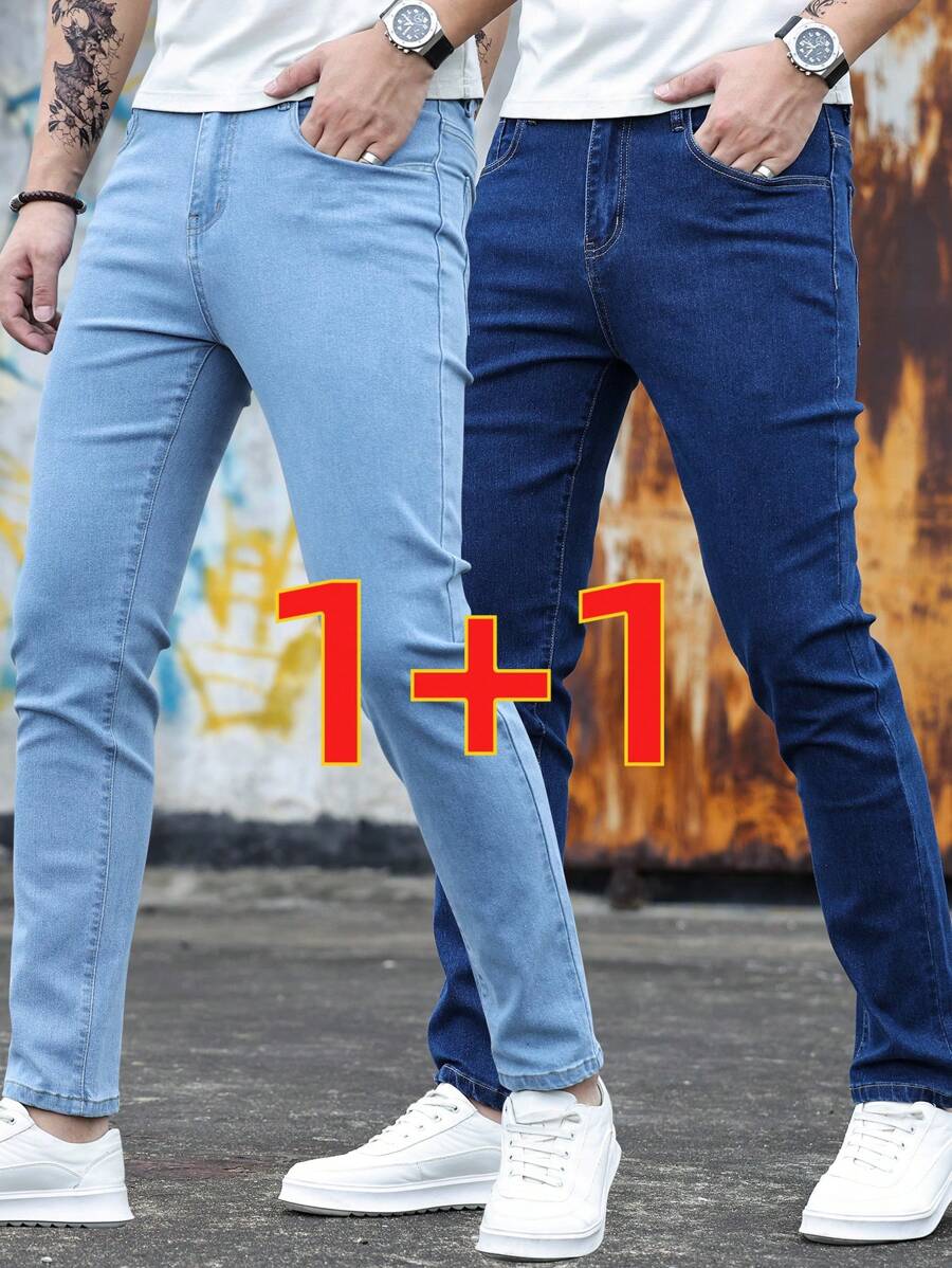 2 Packs Men's Blue Stretch Skinny Jeans Slim Long Casual Pants Washed Light Blue Jeans Solid Color Casual Street Style Fashion Versatile - Multicolor - View 1