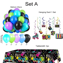 80s Plastic Party Tablecloth, Green Purple Teal Balloons, Back To The 80s Party Decorations 80's Party Hanging Swirls, 80's Party Table Cover 80s Birthday Party Supplies, The 80's Hip Hop Party Decoration, Throwback Birthday Party Decoration For Dining Room
