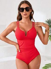 Women's V Neck Tummy Control Criss Cross One-Piece Swimsuit, For Summer Beach Vacation