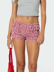 Women Ruffle Plaid Shorts Cute Pettipants Low Waist Ruched Short Pants - 紅色 - 查看 2