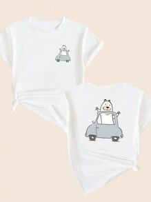 Cartoon T-Shirt Cute Animal Style Cotton Women's Printed Blouse Comfort - 白色 - 查看 1