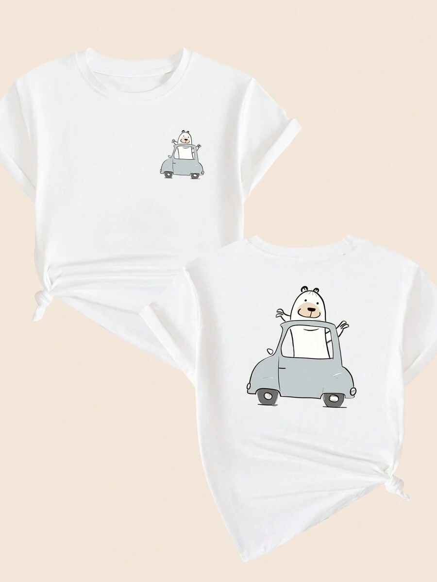 Cartoon T-Shirt Cute Animal Style Cotton Women's Printed Blouse Comfort - 白色 - 查看 1