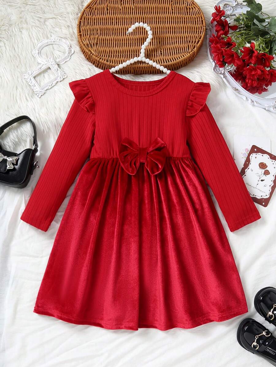 Girls Red Ruffled Cap Sleeve Bow Decor Casual Dress, Autumn/Winter - White - View 1
