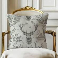 1 件极简主义复古乡村树叶和鹿装饰抱枕套，柔软的桃色天鹅绒面料，单面印花，40*40/45*45/50*50 厘米枕套，圣诞礼物