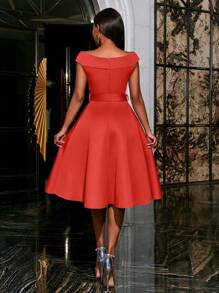 Faeriesty Rochie elegantă de petrecere, cu umeri goi, în culoarea uni, și curea - Rochie de seară slăbită pentru femei, rochie de cocktail pentru invitați la nuntă