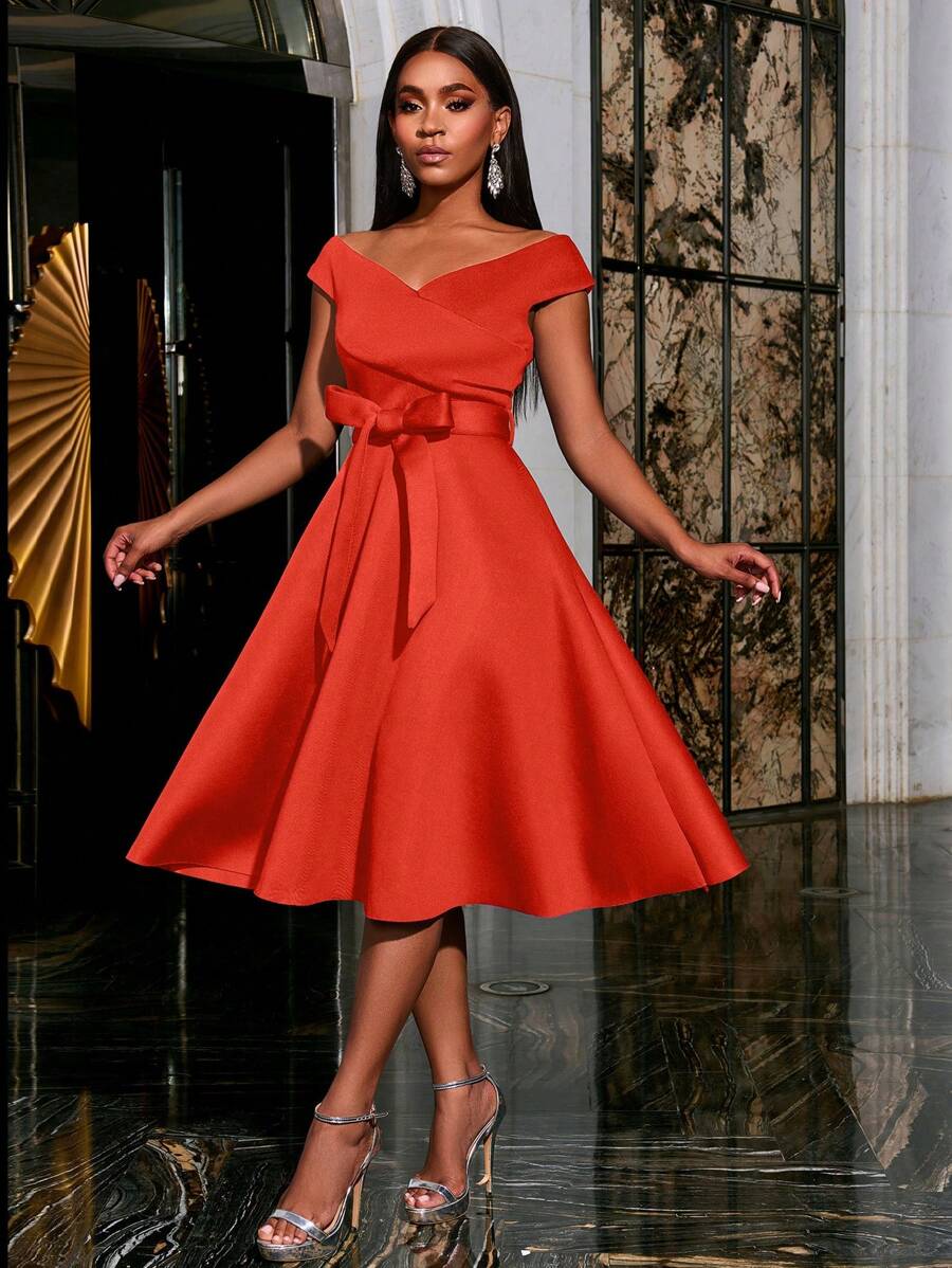 Faeriesty Rochie elegantă de petrecere, cu umeri goi, în culoarea uni, și curea - Rochie de seară slăbită pentru femei, rochie de cocktail pentru invitați la nuntă