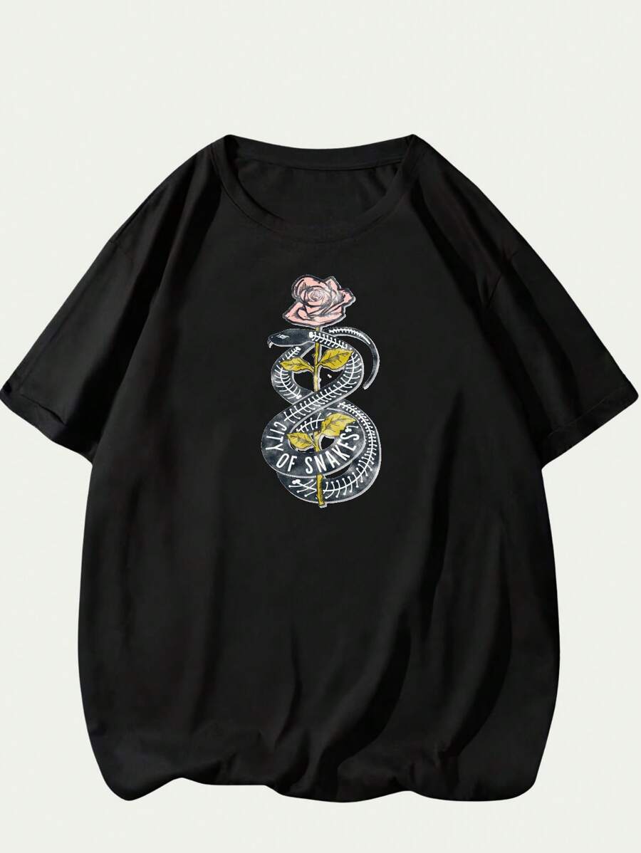 Cotton T-Shirt Nature Style Floral Art T-Shirt Comfort Premium Breathable Elegant Unisex Summer - màu đen - Xem 1