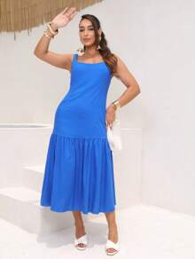 Elegant Linen Dress, Lined - Royal Blue - View 4