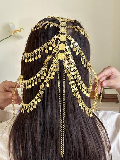 Herseygold 1pc Gold-Plated Turkish Kurd Bride Headdress, Arabic Coin Totem Women Headpiece, Luxury Bridal Hair Accessory, Hair Accessories For Women