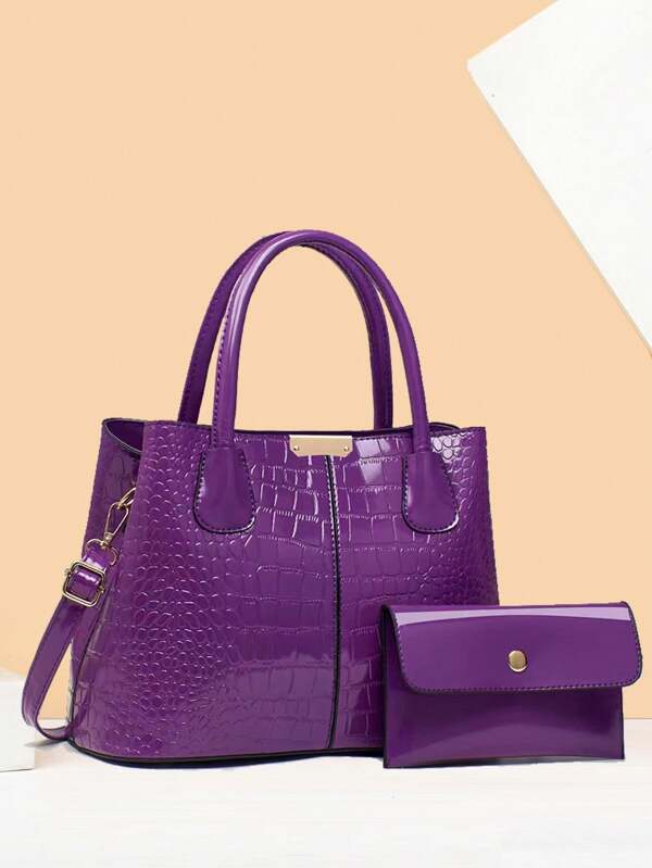 2pcs Crocodile Print Women Handbag Set, Including Tote Bag And Shoulder Bag, Big Capacity
