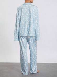 Women Pajamas Lounge Set Strawberry Print Turn-Down Collar Long Sleeve Shirts Tops And Pants 2 Piece Loungewear Outfits - 藍色 - 查看 9