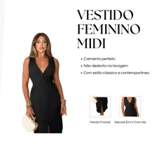 Women's Plain Midi Dress With Slit And V-Neckline - 卡其色 - 查看 3