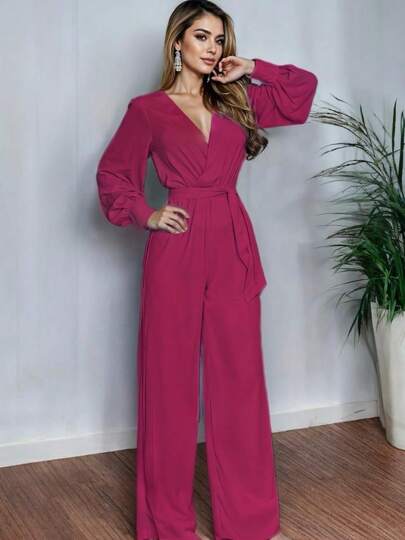 Mono De Pierna Ancha Escote Profundo Con Cinturón Ajustable Para Mujer