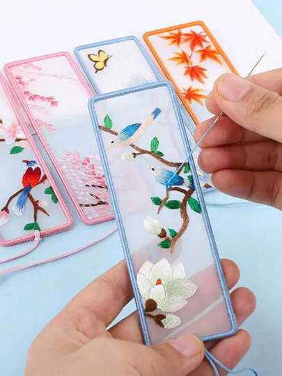 1set Landscape Embroidery Bookmark Kit, Includes Embroidery Frame, Randomly Colored Winding Board, Handmade Embroidery Bookmark Craft Materials