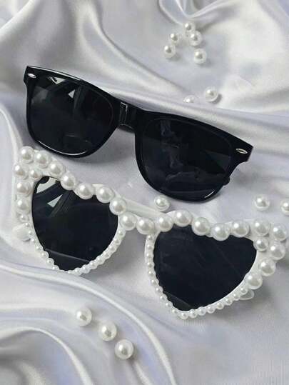 2pcs Y2K Retro Style Party/Wedding Couple Fashion Glasses Set - Women Faux Pearl Decor Heart Shape Beach Accessories, Women Glasses & Fashion Glasses Fashion Glasses For Women Ladies Shades Beach Accessories Vintage Y2k Valentine's Day For Summer Beach Vacation,Outdoor,Travel Pearl Decor Party Style Combination Frame For Music Festival