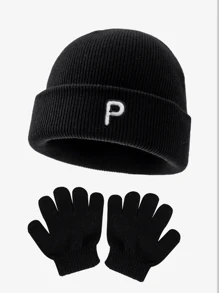 Set de 2 piezas de gorro de punto y guantes suaves, cálidos y a prueba de viento con 26 letras, adecuado para bebés niños y niñas en otoño e invierno