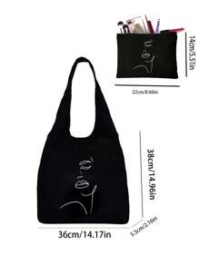 Ladies' Canvas Bag Shopping Bag Tote Bag And Makeup Bag,Simple Line Illustration Pattern Reusable Grocery Handbag Storage Bag,Printing Pattern Shoulder Bag Large Capacity Student Handbag,Simple Large-Capacity Handbag